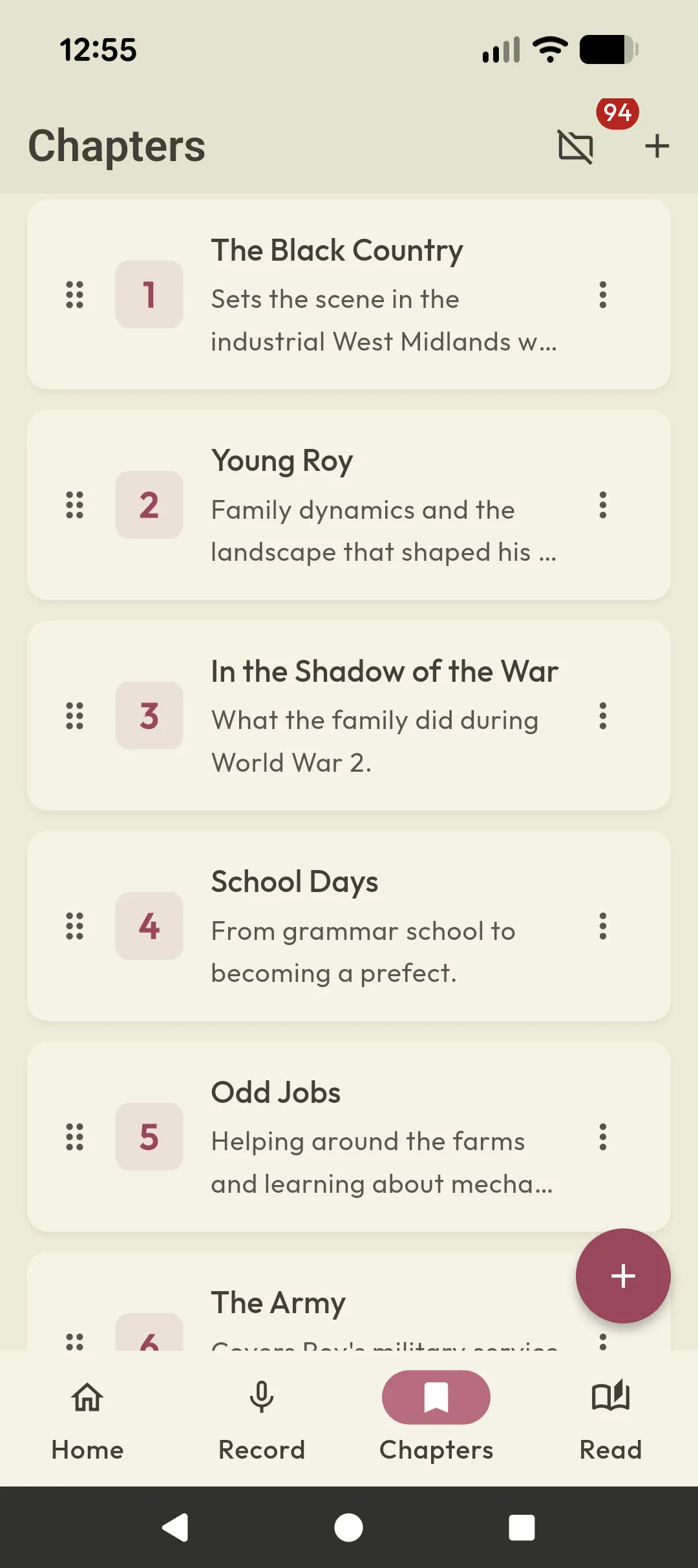YourBook app showing the chapter outline for Roy's biography