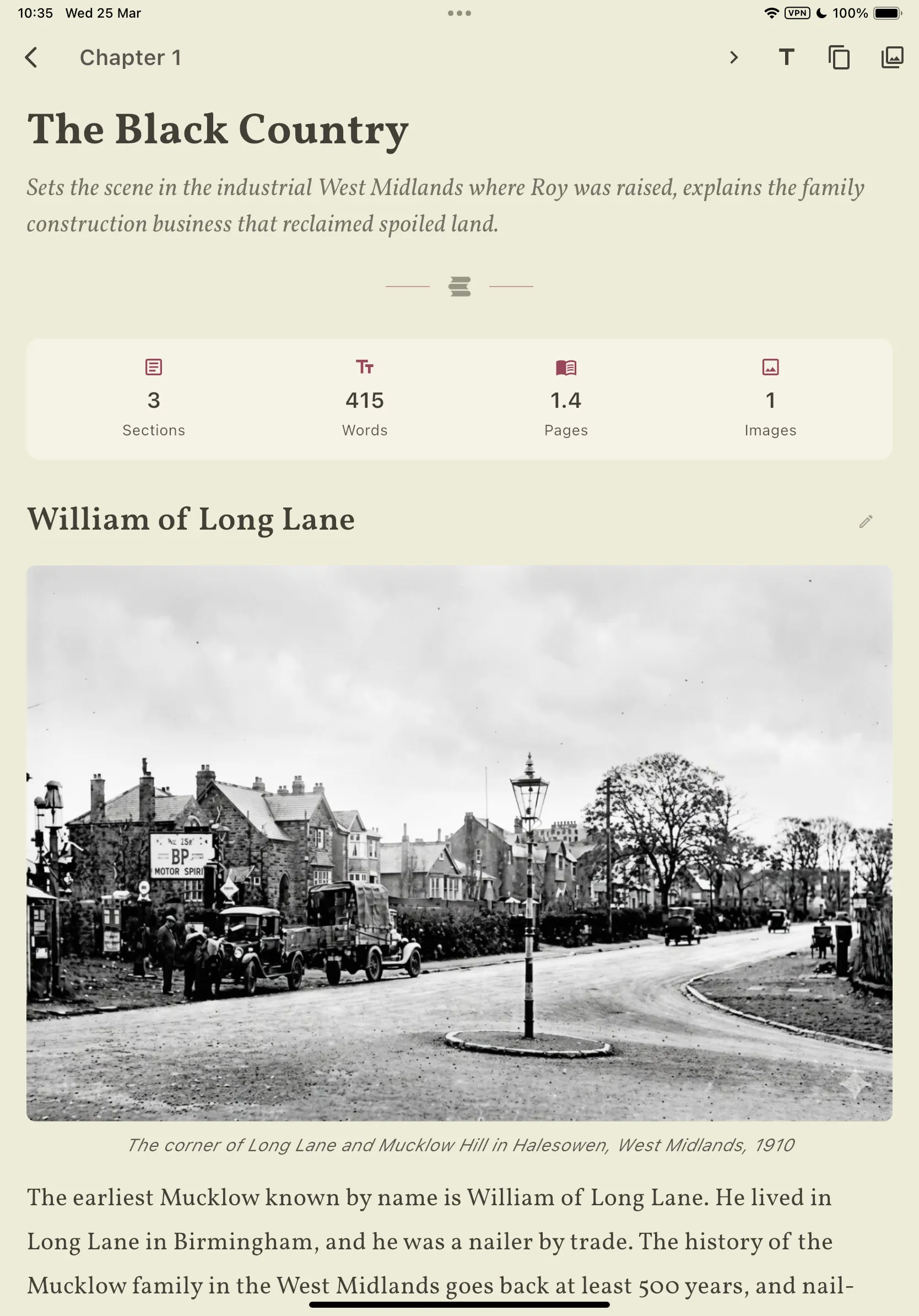 YourBook app showing a generated chapter with photos and text
